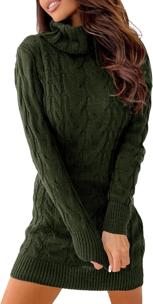 Langwyqu Womens Cable Knit Sweater Dress Sexy Long Sleeve Bodycon Turtleneck Mini Fall Sweaters D... | Amazon (US)