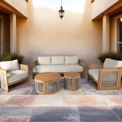 Guzal 5 - Piece Acacia Wood Patio Outdoor Conversation Set With Cream Cushions | Wayfair North America