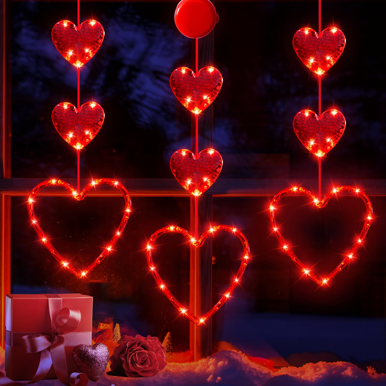 LYUBASA 3 Pack Valentines Day Window Lights Decorations with Timer, Battery Powered Hanging Red L... | Amazon (US)