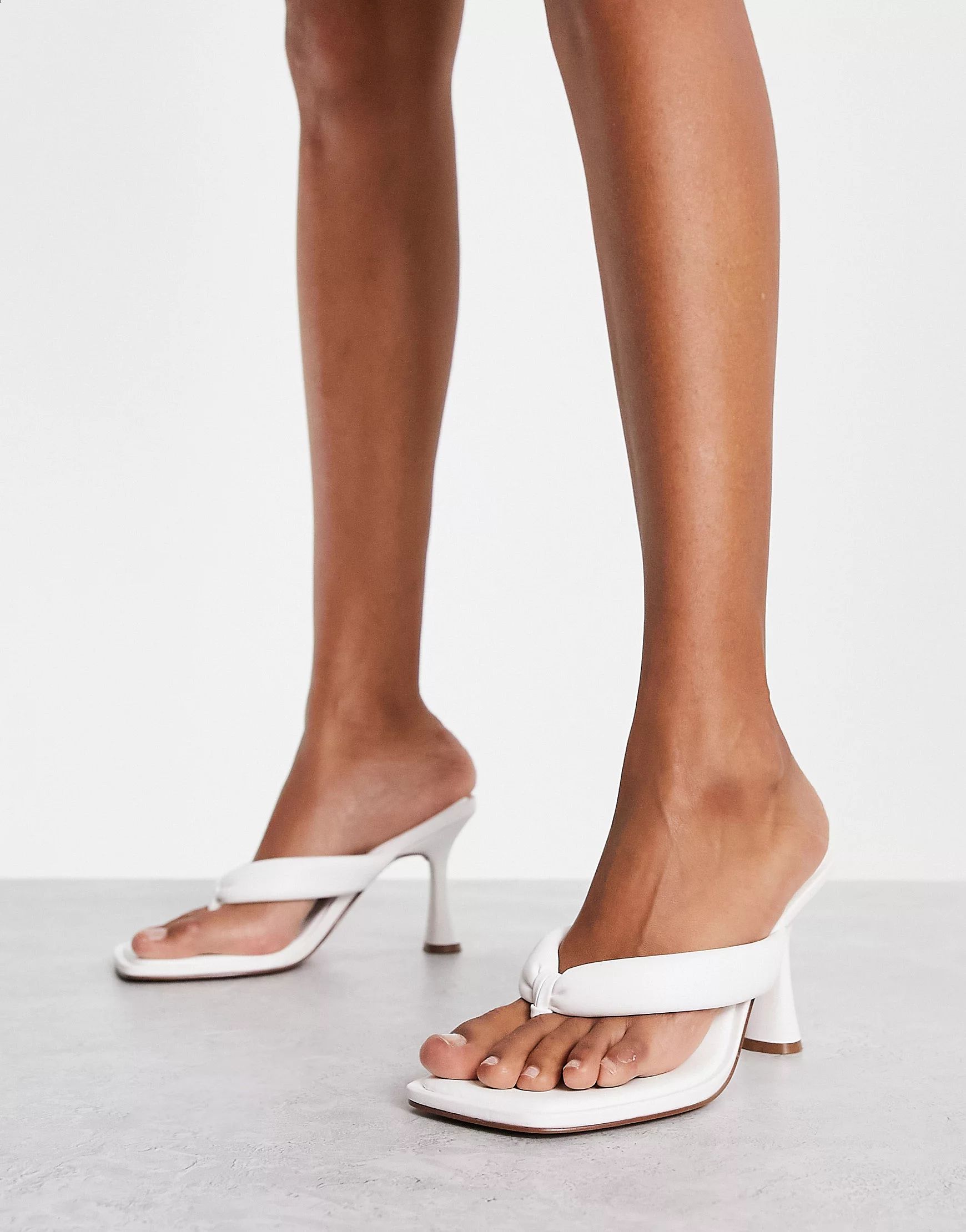 ASOS DESIGN Halle padded toe thong heeled sandals in white | ASOS (Global)