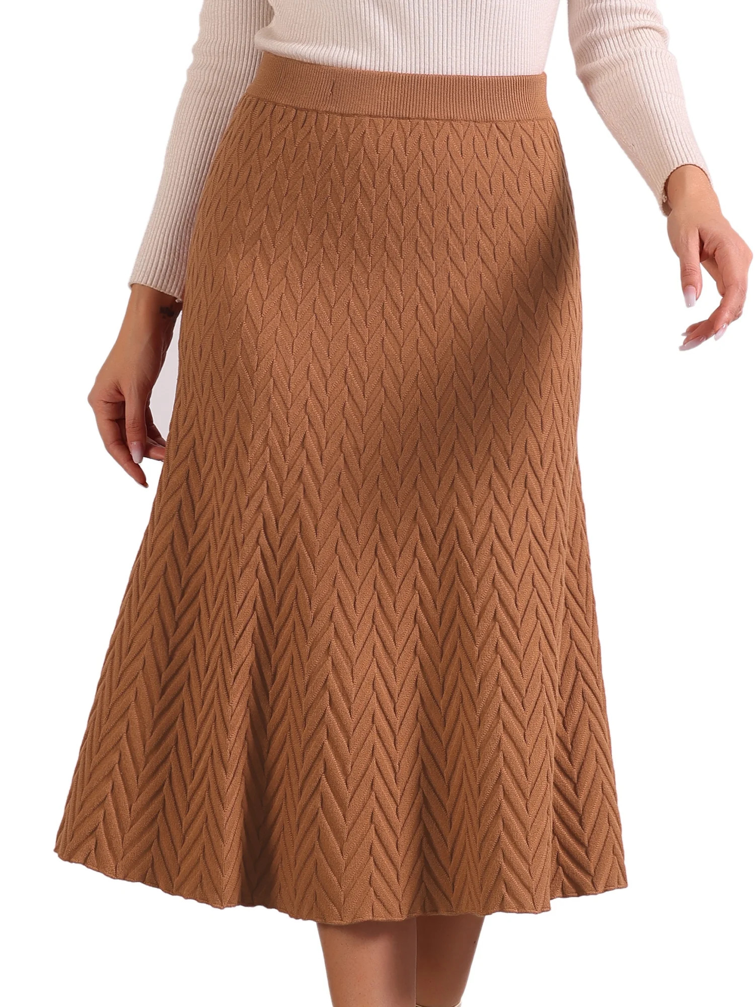 DARING DIVA Women's High Waist Fall Stretchy Fishtail Cable Knit Midi Skirts M Camel | Walmart (US)