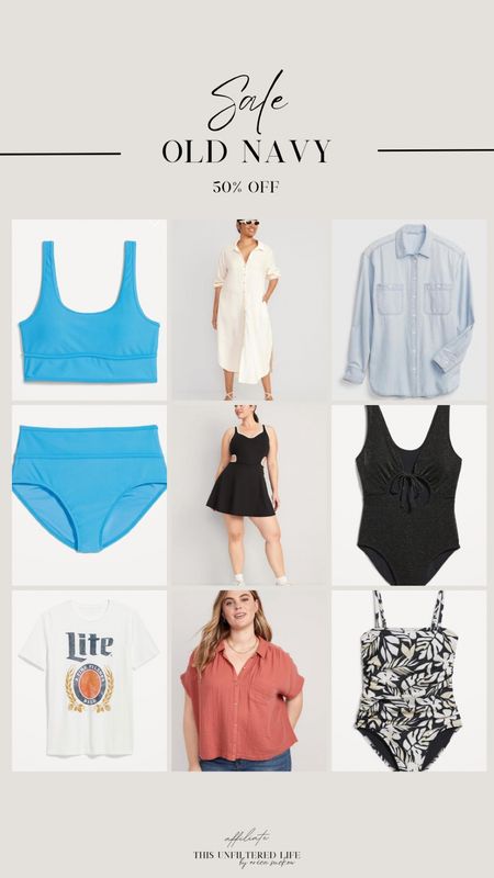 Old navy 50% off sale - what’s in my cart. Hot mom summer is here - this is what we’re wearing besties. 🫶🏼 
Swimsuit, coverup, tennis dress, graphic tee, denim shirt

#LTKsalealert #LTKcurves #LTKunder50