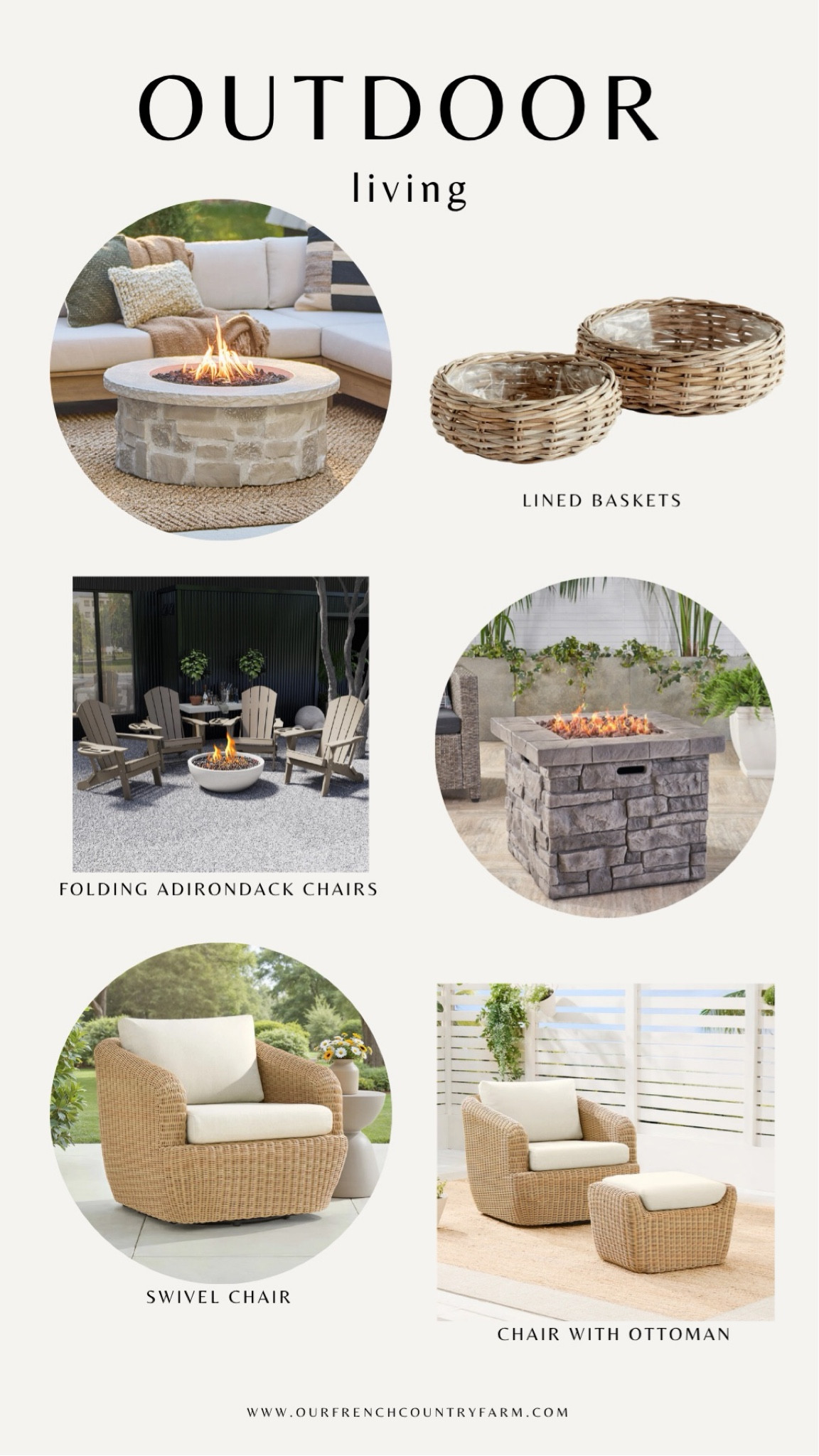 Outdoor living finds I love!  These swivel outdoor chairs are so beautiful with great reviews!  I have these Adirondack chairs and they are quality!  Just bought these lined baskets because they are amazing!  And these fire tables are stunning!  Love the stone!

#LTKHome #LTKSaleAlert