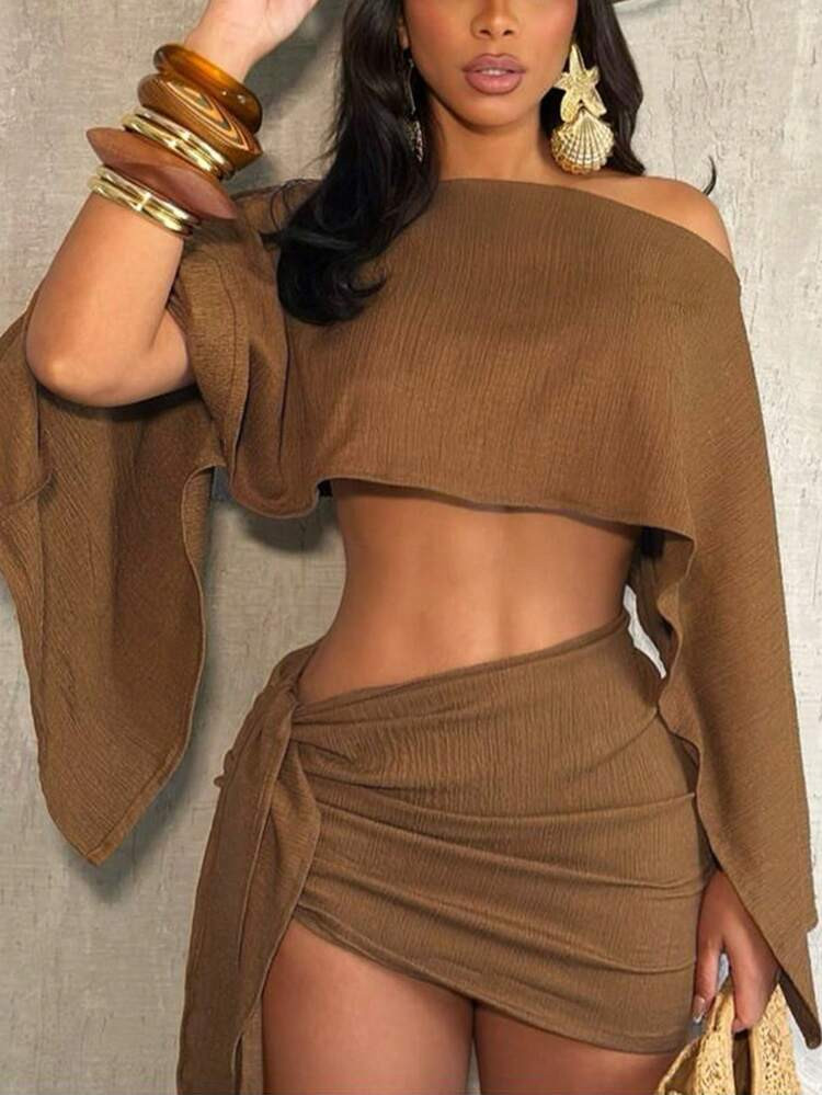 JOYPAY Off Shoulder Crop Top & Ruched Mini Skirt Set, Sexy Solid Color Two Piece Outfit For Women | SHEIN