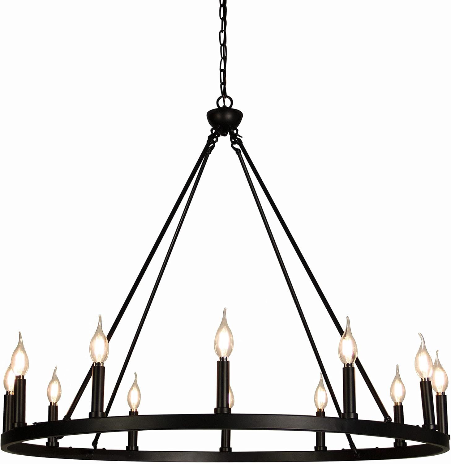 Psyverii 12-Light Candle Style Black Wagon Wheel Chandelier, Retro Farmhouse Country Style Indust... | Amazon (US)