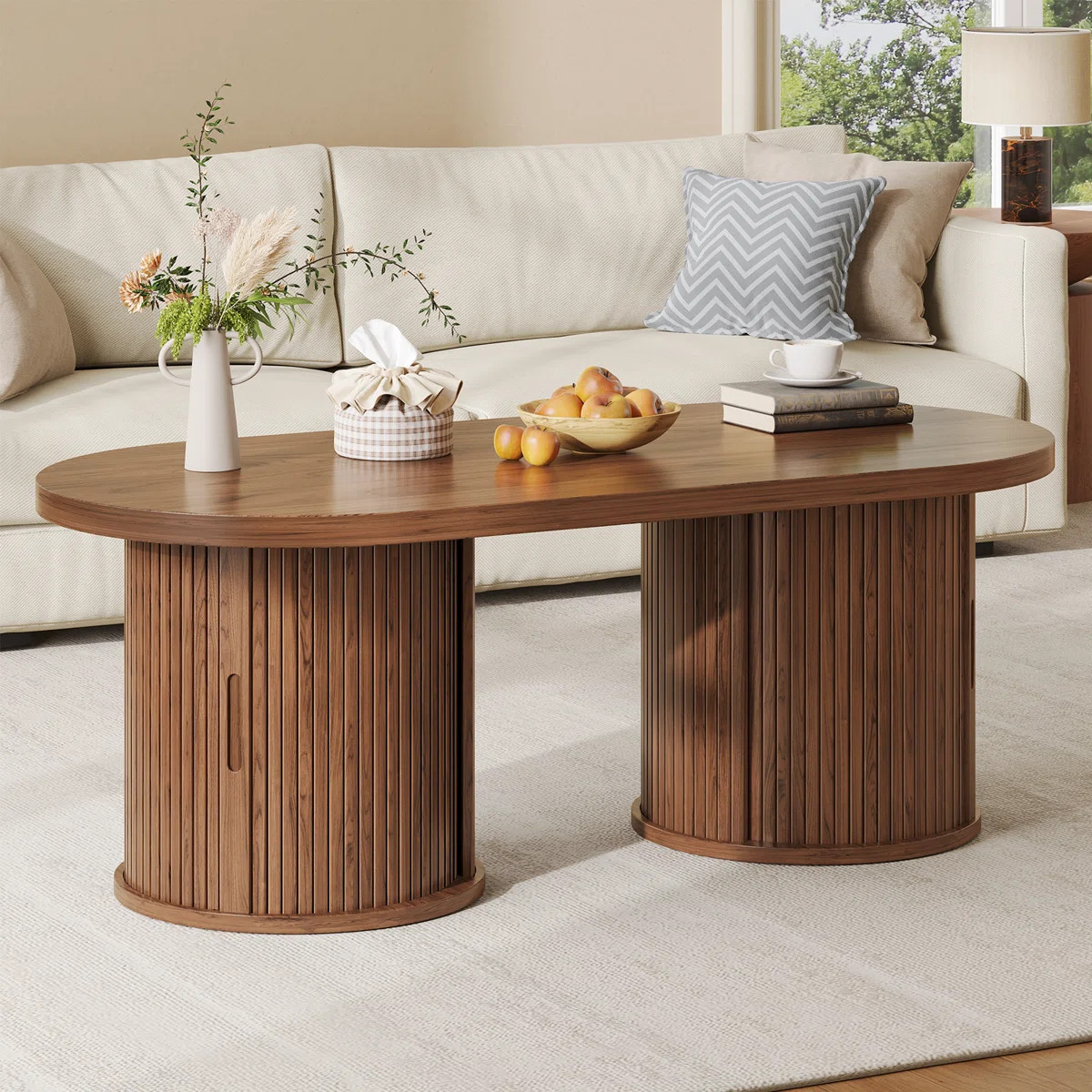 47'' W Oval Coffee Table With Storage, Mid-Century Modern Fluted Centre Table With Round Base | Wayfair North America