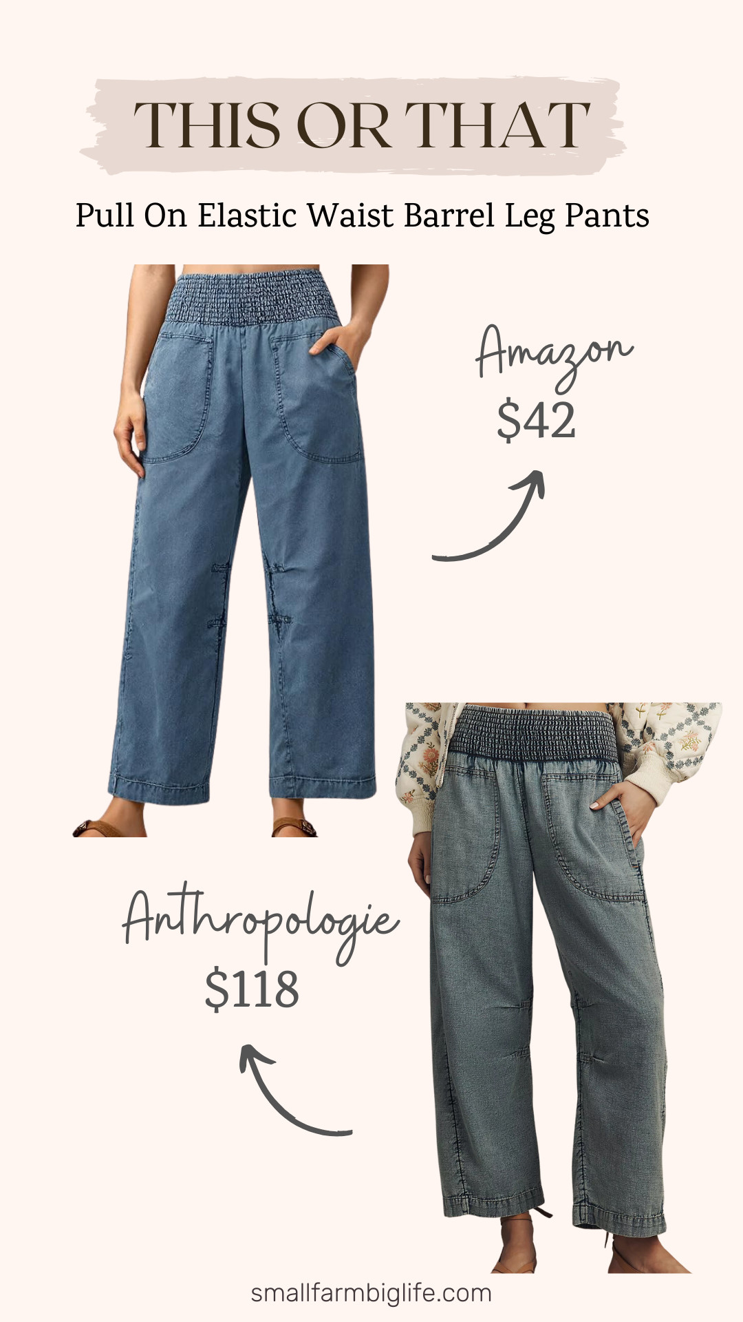 This or that! Pull on barrel leg pants edition. I found two versions of this trending style at very different price points and I want to know which one you would choose! The Anthropologie version is 100% cotton and $118 while the Amazon find is just $42. Both are the pull on elastic waist style that is so comfortable and easy to wear right now. Which would you pick? Linking both below! 

 #LTKgrwm #LTKootd #LTKOver40