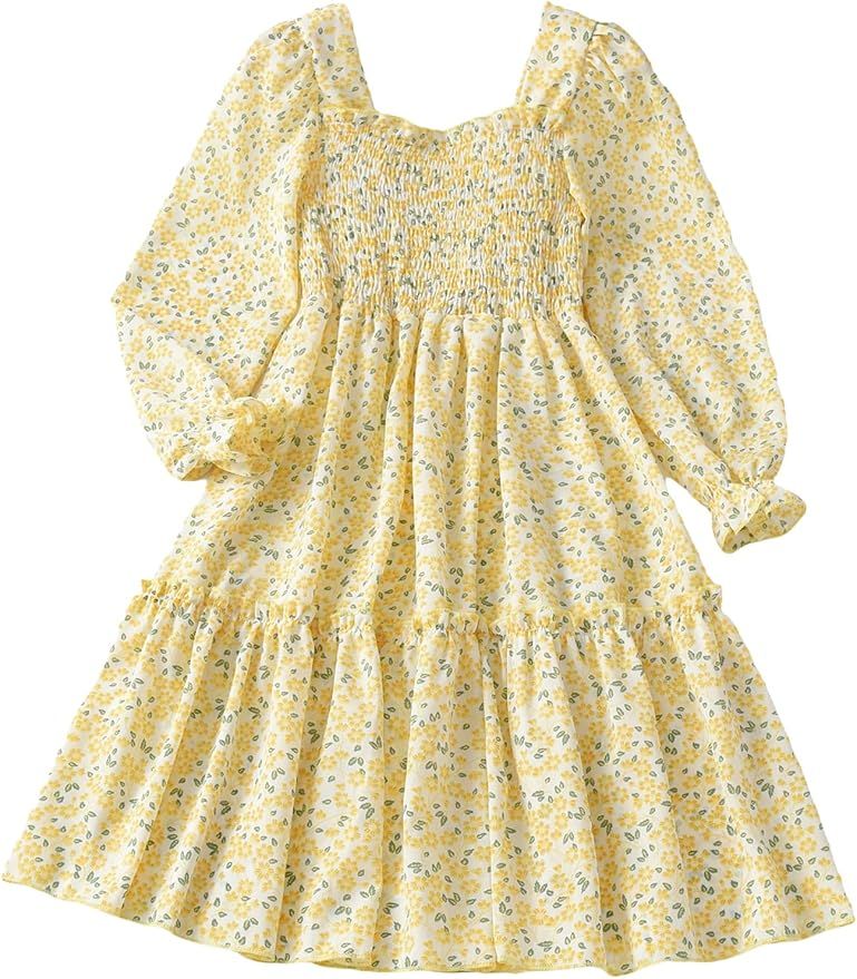 Floerns Girls Floral Print Square Neck Long Sleeve Ruffle Hem A Line Midi Dress | Amazon (US)