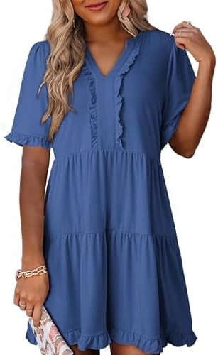 Dokotoo Women's V Neck Short Sleeve Tiered Ruffle Mini Skater Dress Casual Summer Swing Tunic Dre... | Amazon (US)
