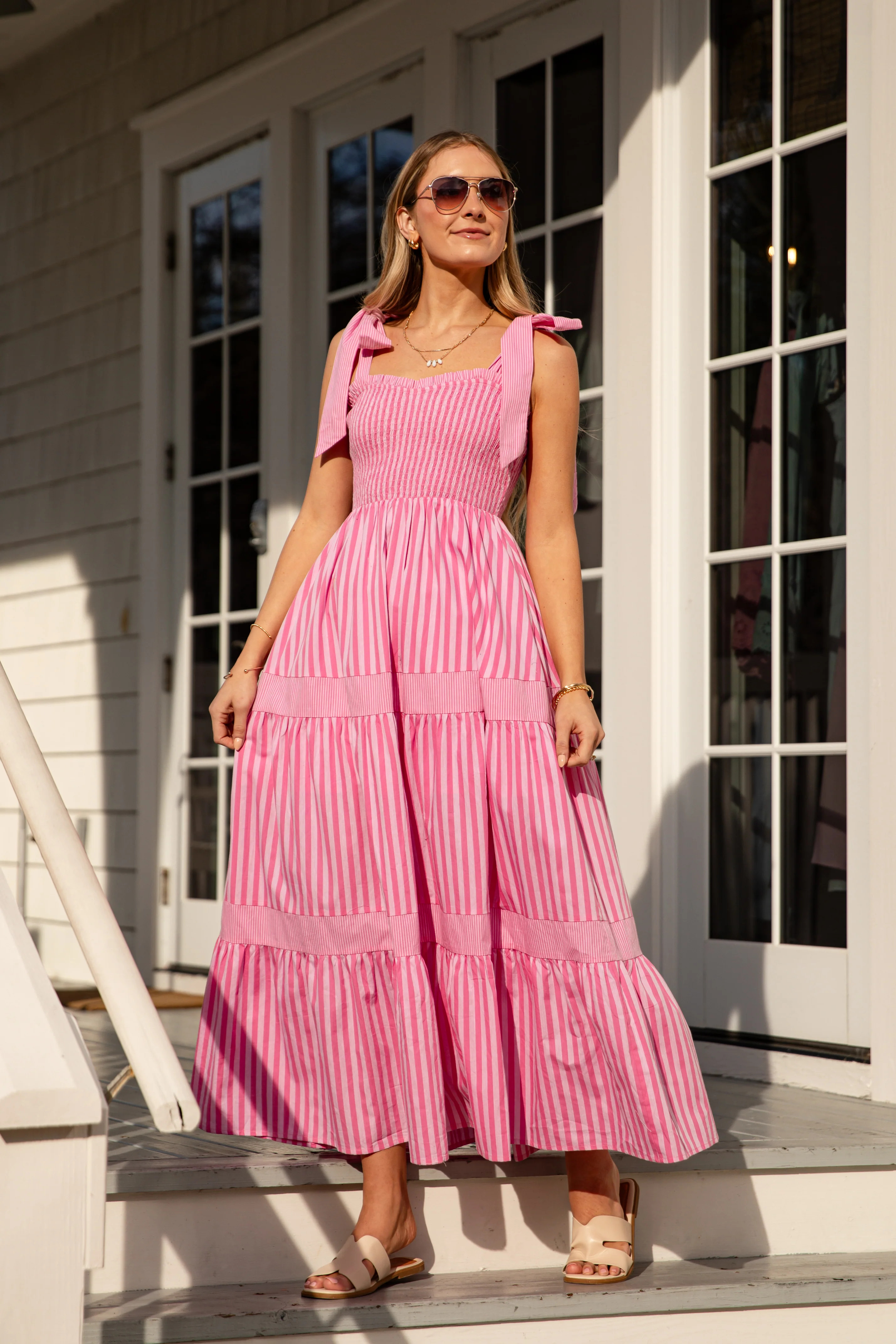Pink Striped Tie-Shoulder Midi Dress | Trendy Women's Dress | DressUp | Dress Up