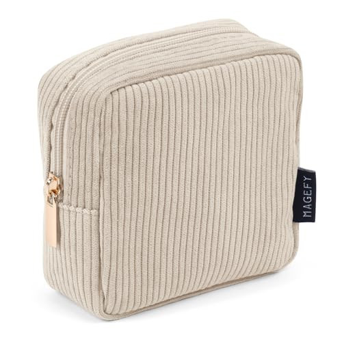 MAGEFY Small Makeup Bag for Purse Mini Cosmetics Bag Corduroy Cute Cosmetic Pouch for Women with Slip-in Pockets (Beige) | Amazon (US)
