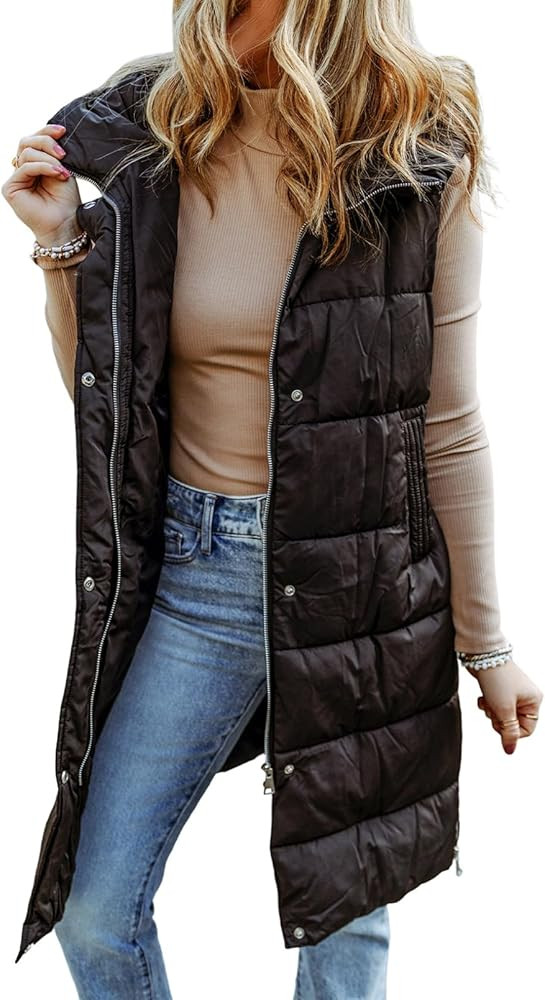 EVALESS Womens Long Puffer Vest Quilted Hooded Sleeveless Zip Up Down Jacket Winter Warm Lightwei... | Amazon (US)