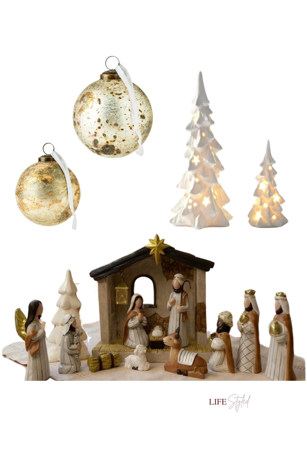 Time to decorate for Christmas! ✨
The nativity pieces set the sweetest scene, and the hollowed-out trees with star cutouts add the prettiest glow. The antique-finish gold glass ornaments bring in that warm, timeless sparkle. These make beautiful gifts too—classic pieces they’ll use year after year.

#LTKSeasonal #LTKGiftGuide #LTKHoliday