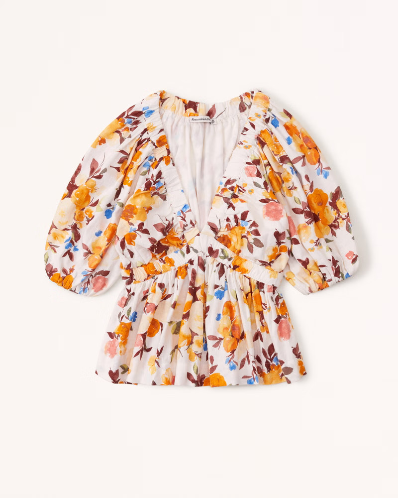 Short-Sleeve Linen-Blend Plunge Top | Abercrombie & Fitch (US)