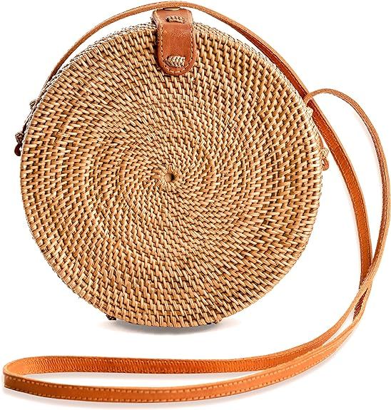 Novum Crafts Round Rattan Bag for Women - Handmade Ata Wicker Woven Purse - Circle, Square, Oval ... | Amazon (US)