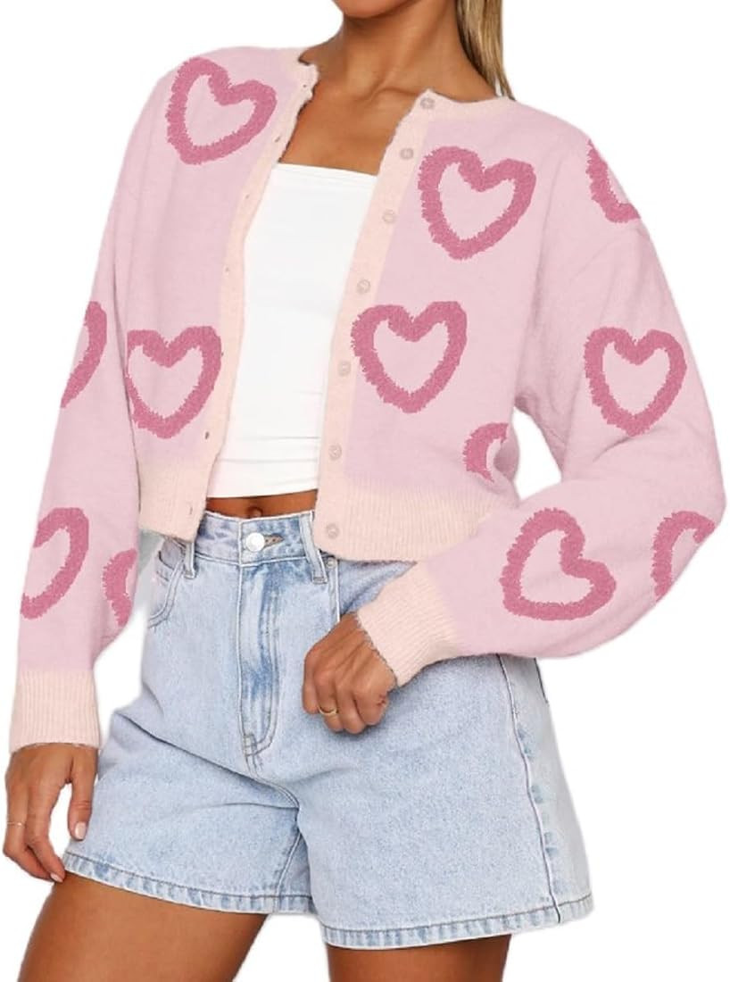 Women Valentine's Day Cardigan Sweater Love Heart Print Button Down Knit Sweater Cute Knitwear To... | Amazon (US)