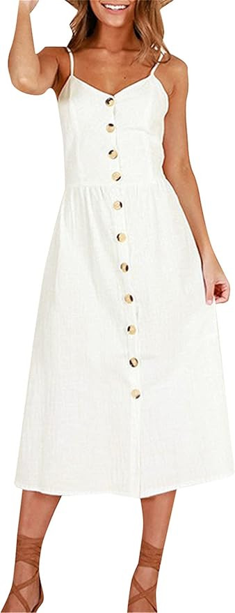 YMING Womens Summer Spaghetti Strap Dresses Button Down Floral Sundress High Waist Swing Midi Dre... | Amazon (US)