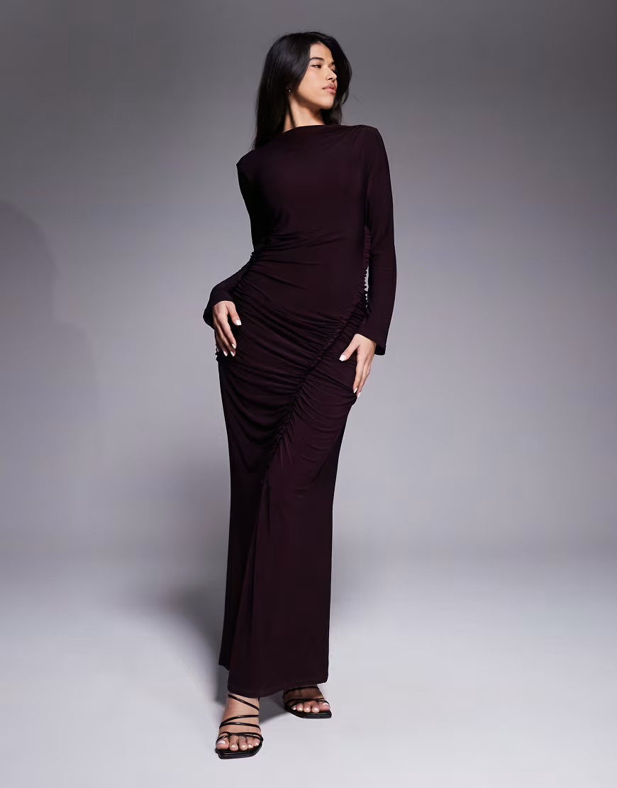 Daska slinky ruffle seam detail ruched maxi dress in wine-Red | ASOS (Global)