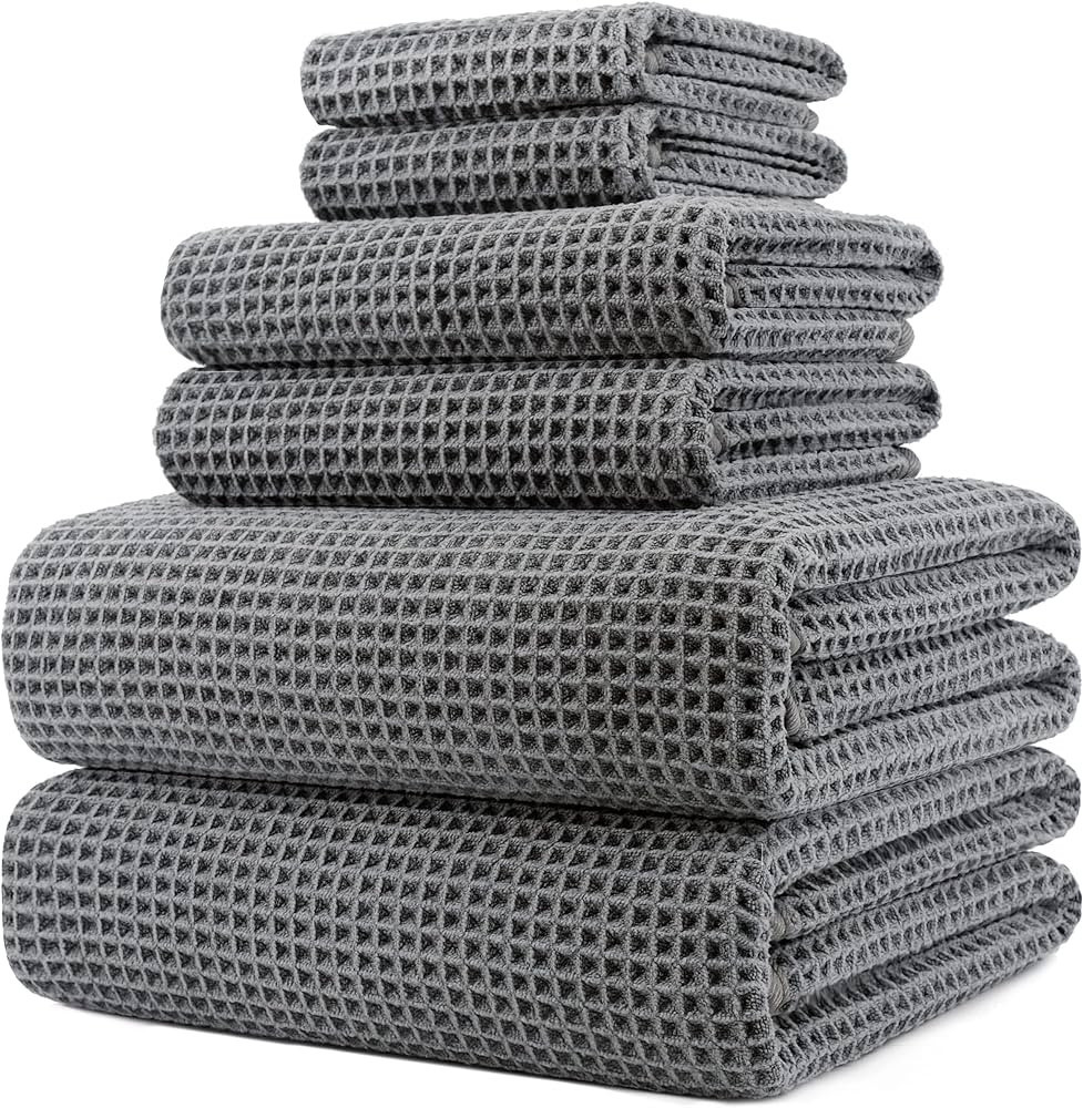 POLYTE Oversize, 60 x 30 in., Quick Dry Lint Free Microfiber Bath Towel Set, 6 Piece (Gray, Waffl... | Amazon (US)