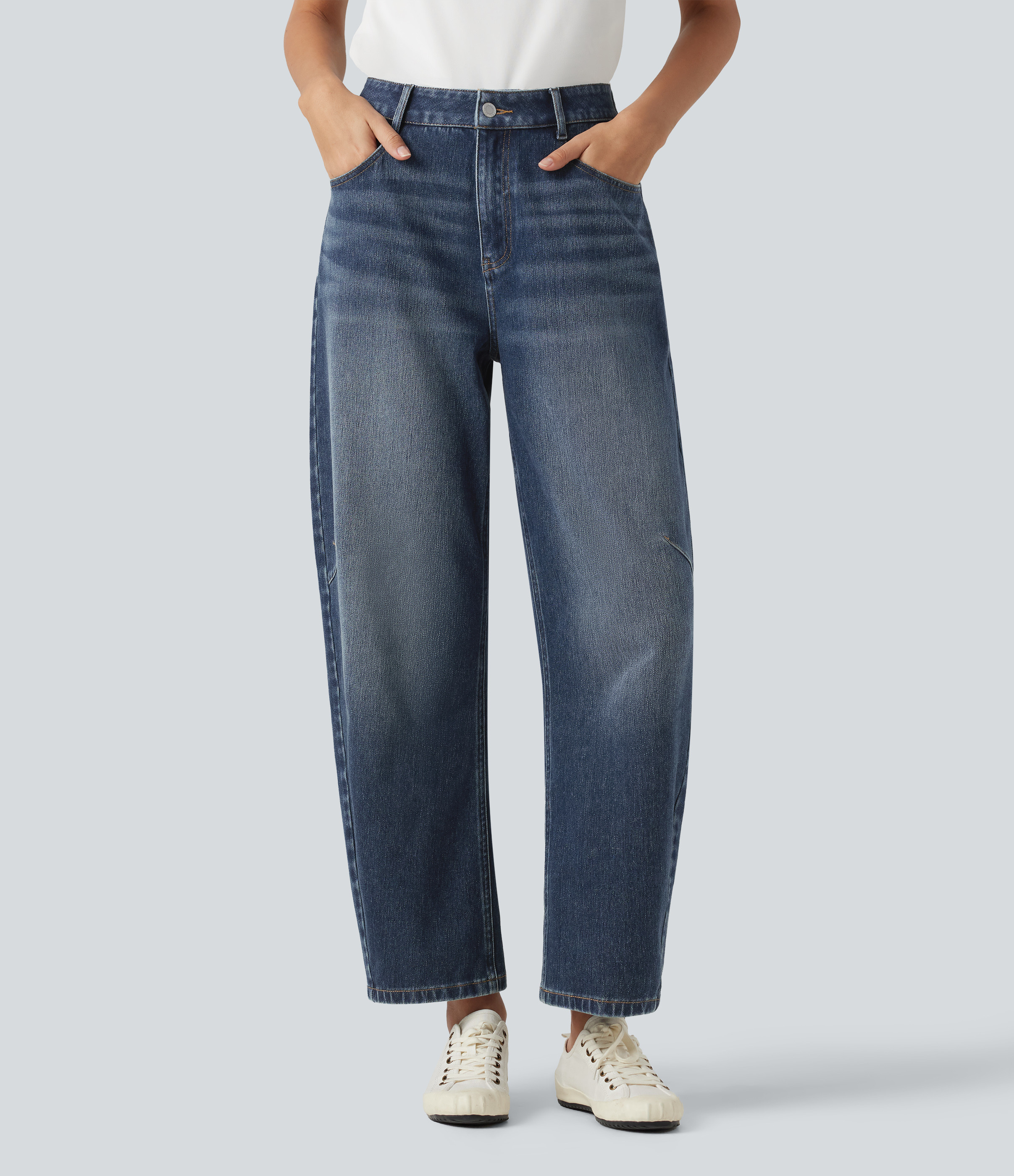 Halara Halara Flex™ High-waisted Casual Barrel Leg Jeans with Pockets  - Ocean Blue Denim - L(regular) | HALARA