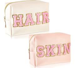 2 Pcs Preppy Patch Makeup Bag Chenille Letter Cosmetic Bag PU Leather Waterproof Toiletry Bag Por... | Amazon (US)