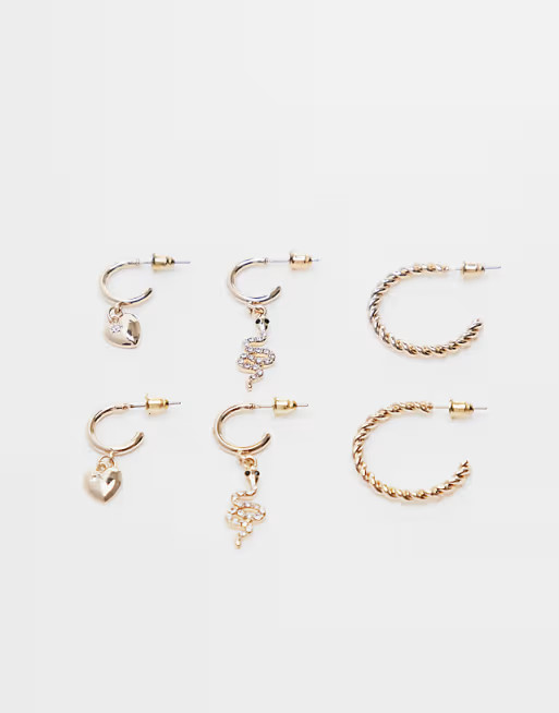 Topshop 3 pack snake and heart charm earrings in gold | ASOS (Global)