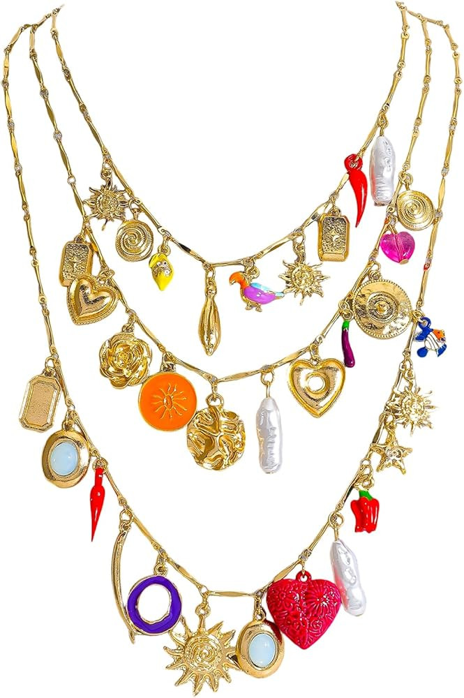 Vintage 3-Layered Pendant Charm Necklace for Women, Bohemian Ethnic Triple Layer Stackable Chain ... | Amazon (US)