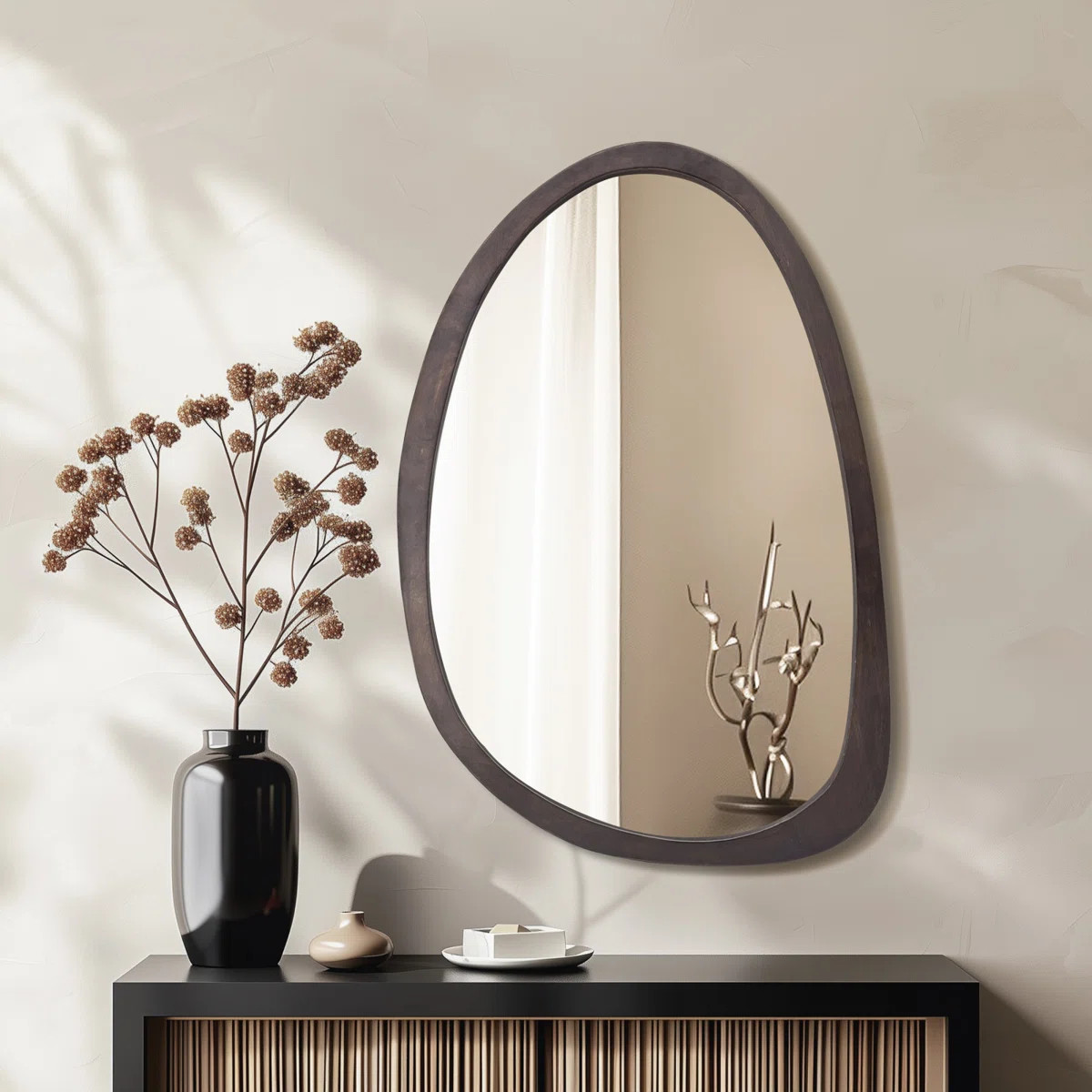 Industrial Wall Irregular Hanging Mirror Black Walnut Wood | Wayfair North America