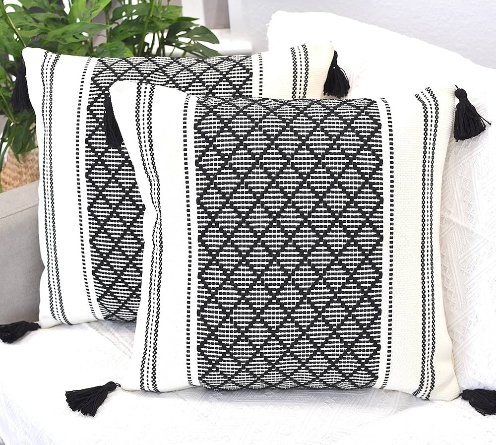 Boho Throw Pillow Covers with Tassels Black and White 18x18 inch - Set of 2 / Decorative Living R... | Amazon (US)