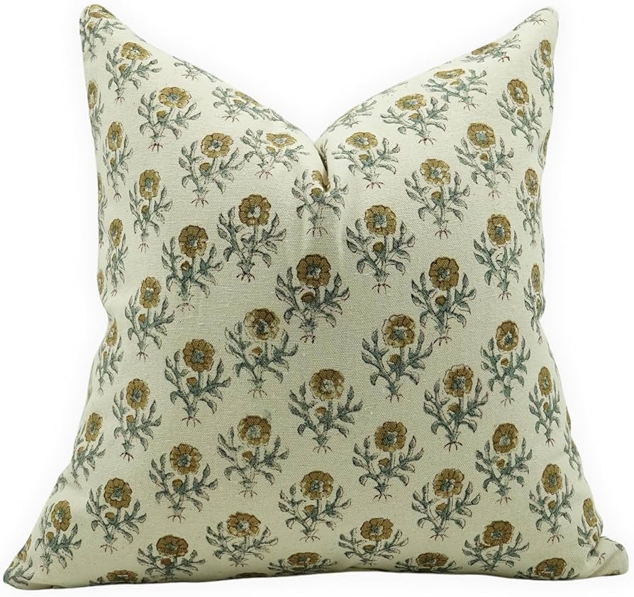 Floral Block Print Pillow Covers, 20x20 Inch Duck Canvas Pillowcase for Boho Home Decor, Handmade... | Amazon (US)