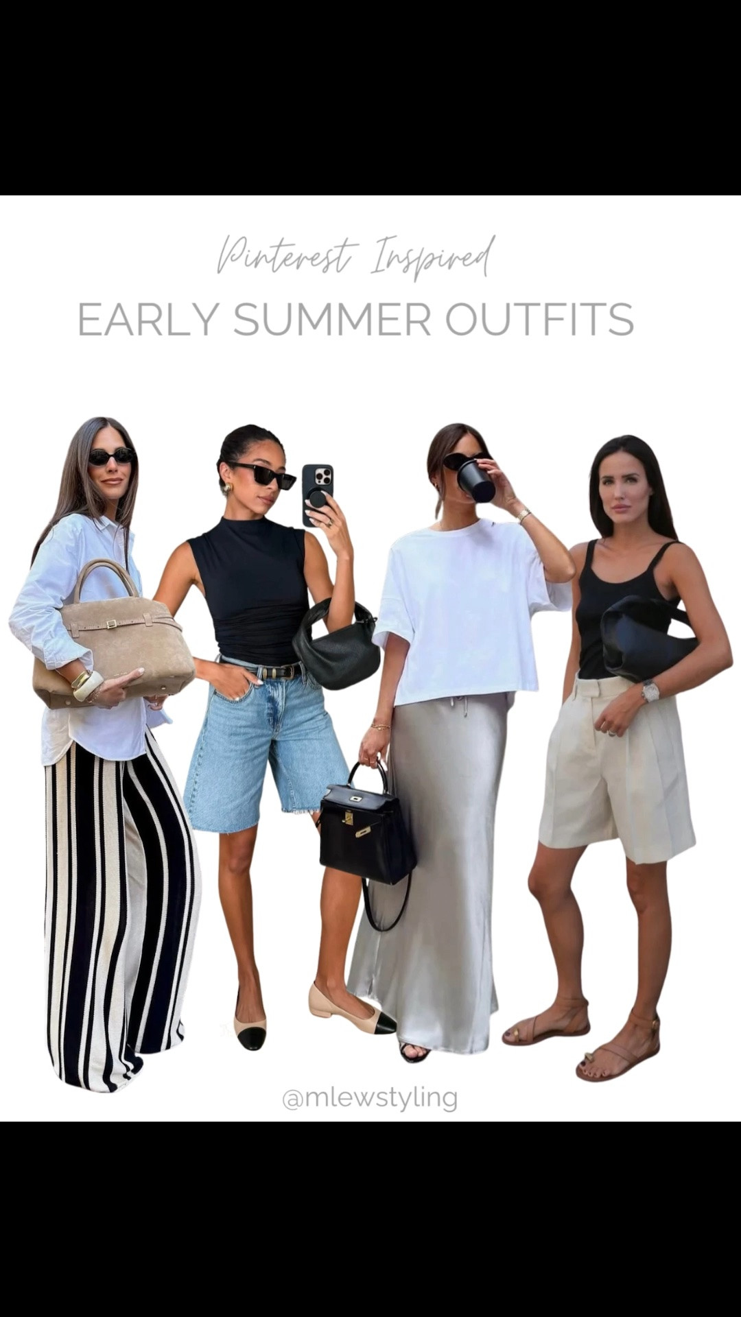 Neutral early summer outfits inspired by Pinterest 🤍☁️

Creator credit: @lglora @nenaevans & @ariviere

Tags: late spring outfit formulas, capsule wardrobe, Bermuda denim shorts, striped pants, linen button down, black tank top, sunglasses

#LTKsummer #LTKstyletip #LTKbag