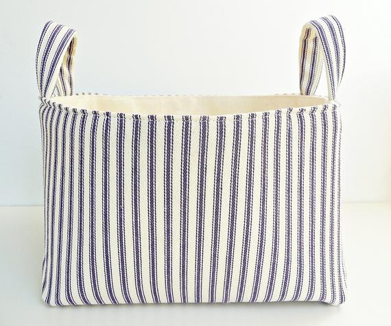 Storage Basket Fabric Organizer in Classic Ticking Stripe Blue & Natural Bin with Handles - Gift Bas | Etsy (US)