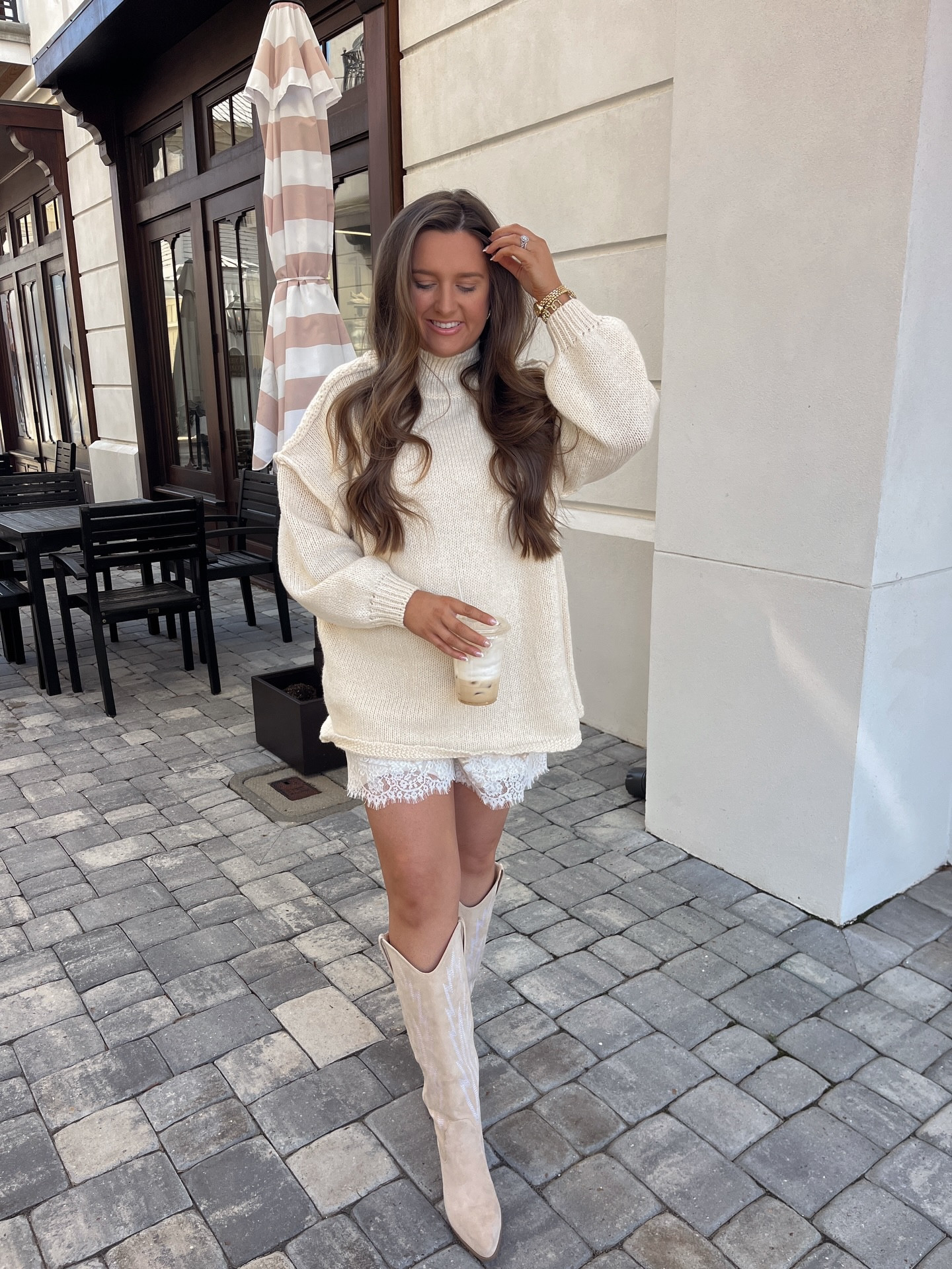 a little sunday coffee stroll ☕️ say SHOP for 🔗 to this entire amazon outfit (wearing a size medium for sweater & shorts) 🤍 hope y’all have a great week! 
#winteroutfitideas #sweateroutfit #amazonfashion #amazonoutfits