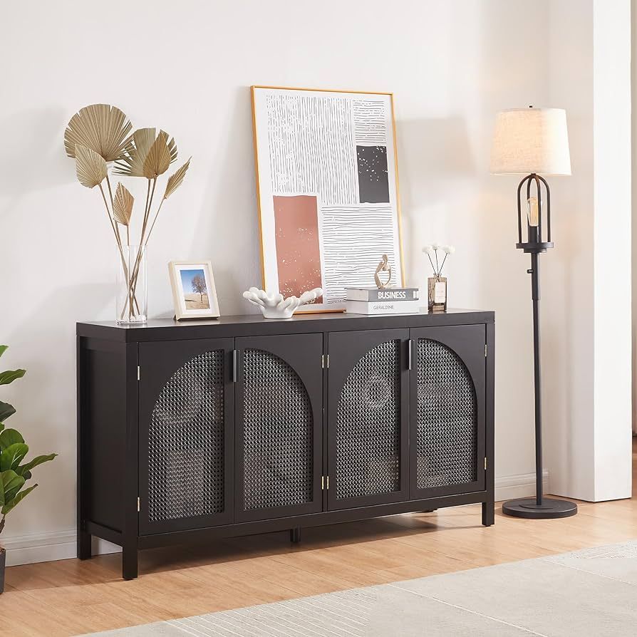 Modern Black Rattan Storage Cabinet - Freestanding Arched Buffet Sideboard with Metal Handles for... | Amazon (US)