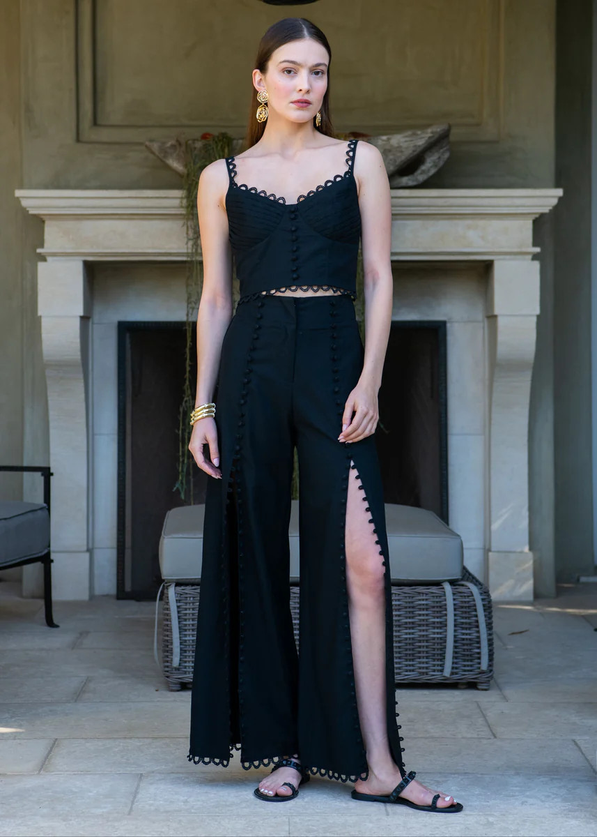 Ellie Embroidered Hem Wide-leg Pants With Button Details | Benaar La