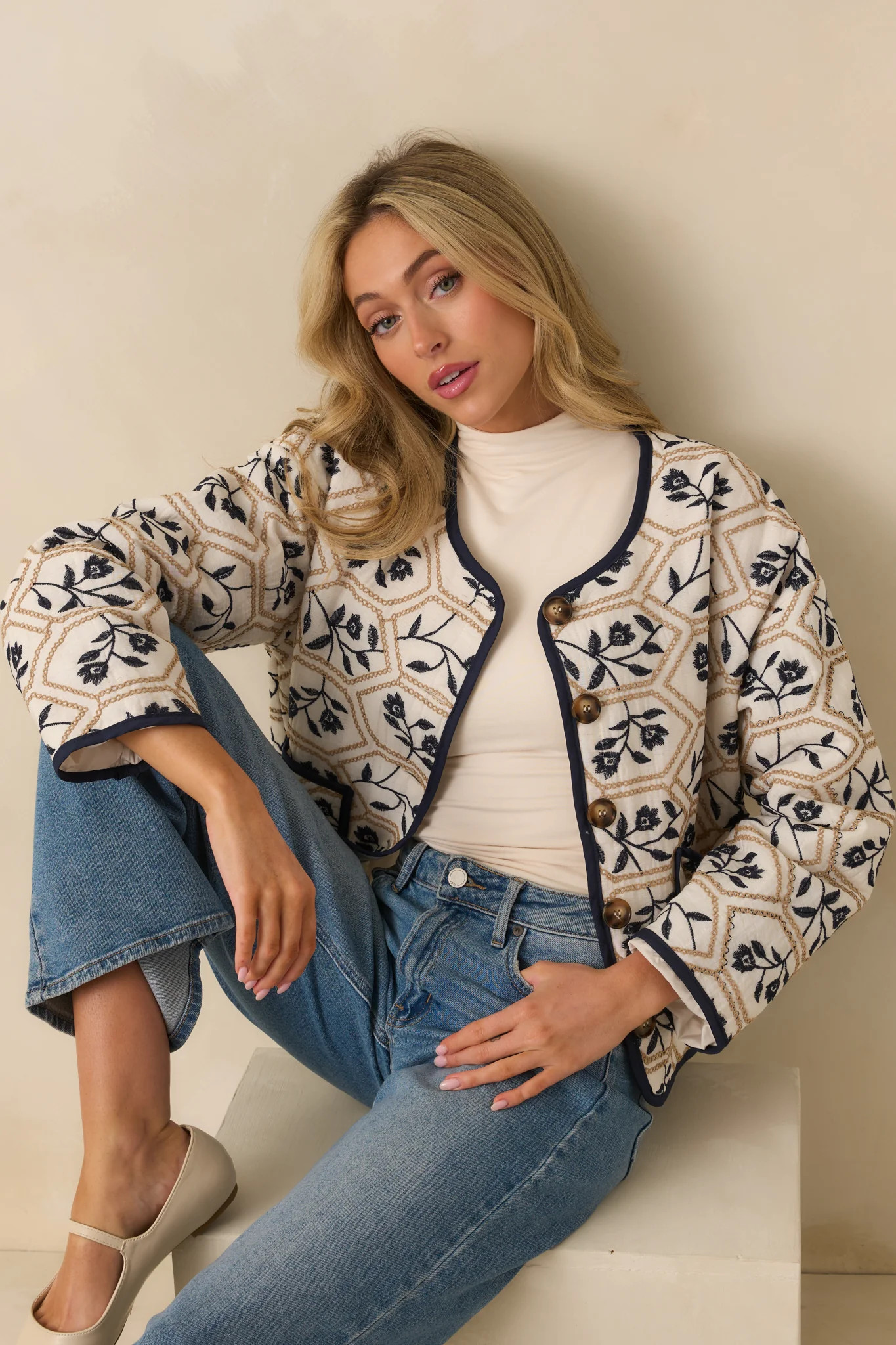 All The Right Ways Ivory Floral Embroidered Quilted Jacket | Red Dress