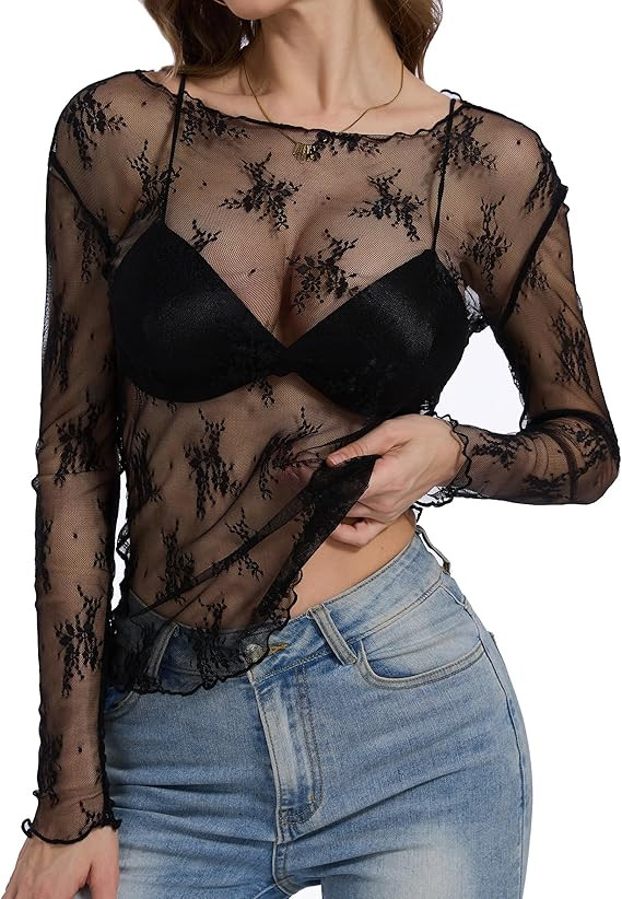 Lingswallow Lace Long Sleeve Tops for Women Floral Mesh Sexy Sheer See Through Top Boat Neck Blou... | Amazon (US)