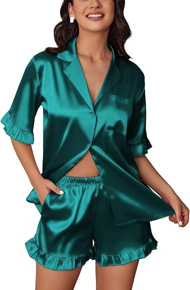 Ekouaer Women's Silk Satin Ruffled Pajamas Sets Button Down Pj Set Sleepwear S-XXL | Amazon (US)