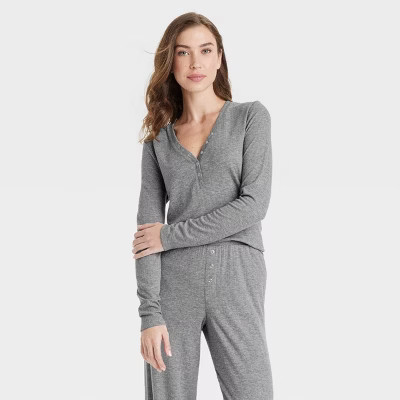 Women's Ribbed Henley Pajama Top - Auden™ Gray L | Target