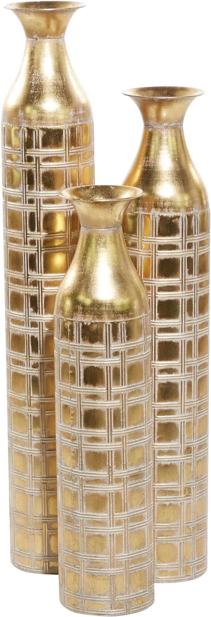 Deco 79 Metal Tall Distressed Metallic Vase with Etched Grid Patterns, Set of 3 35", 30", 25"H, G... | Amazon (US)