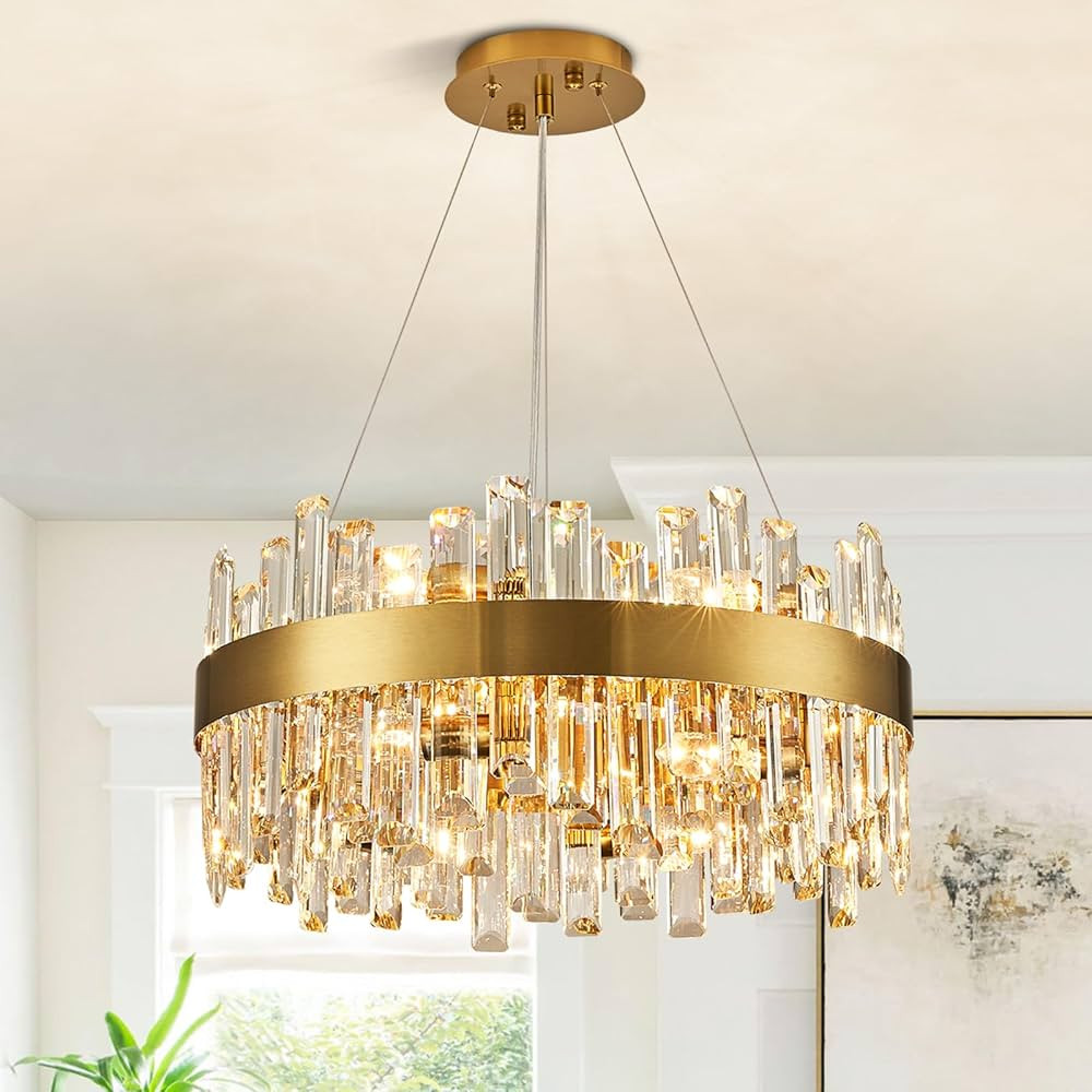 Siljoy 12-Light Modern Crystal Chandelier Brass Gold Round 2-Tiers K9 Crystal Raindrop Chandelier... | Amazon (US)
