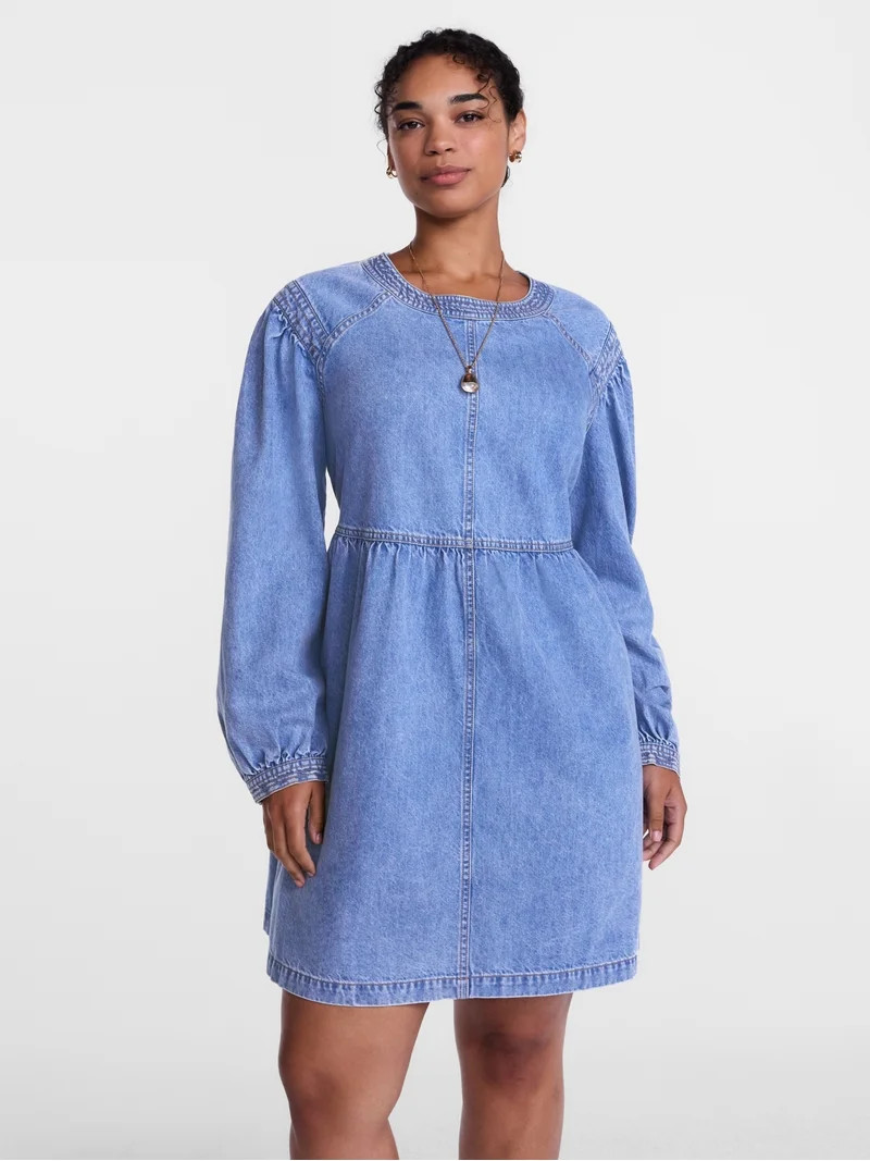 Scenario Women's Denim Empire Mini Dress with Long Sleeves, Sizes XS-XXXL | Walmart (US)