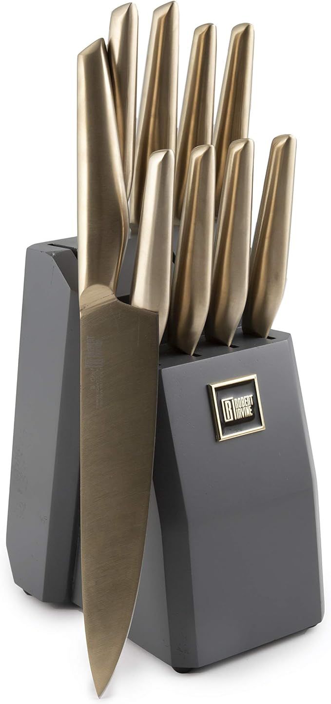 Cambridge Silversmiths Robert Irvine 10-Piece Hollow Handle Cutlery Block in Brushed Gold | Amazon (US)