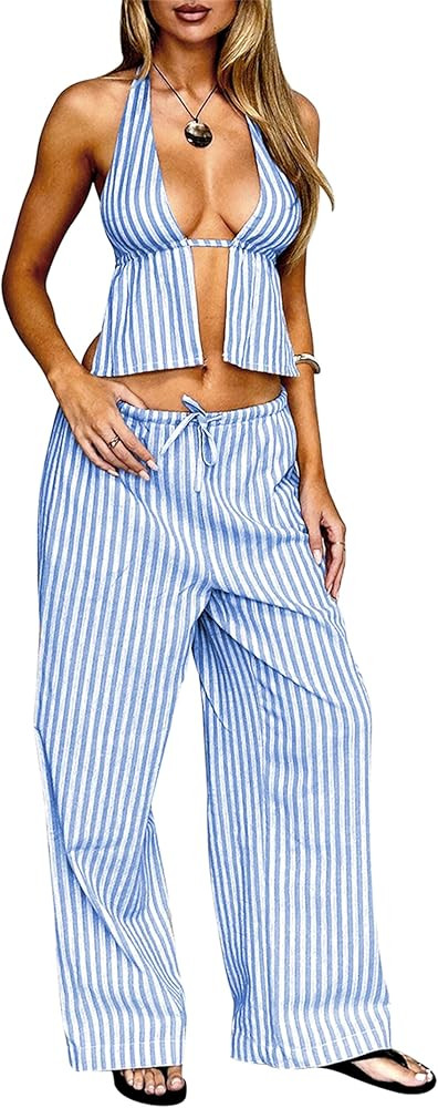 Women Sexy 2 Piece Outfits Tie Up Halter Neck Backless Tank Top and Wide Leg Drawstring Pants Set... | Amazon (US)