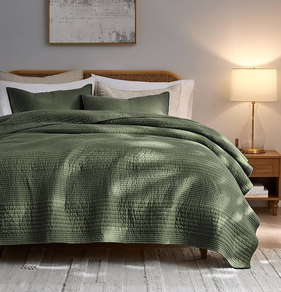 palassio Striped Olive Green 100% Cotton Quilt King Size Bedding Sets, Lightweight Crinkly Channe... | Amazon (US)