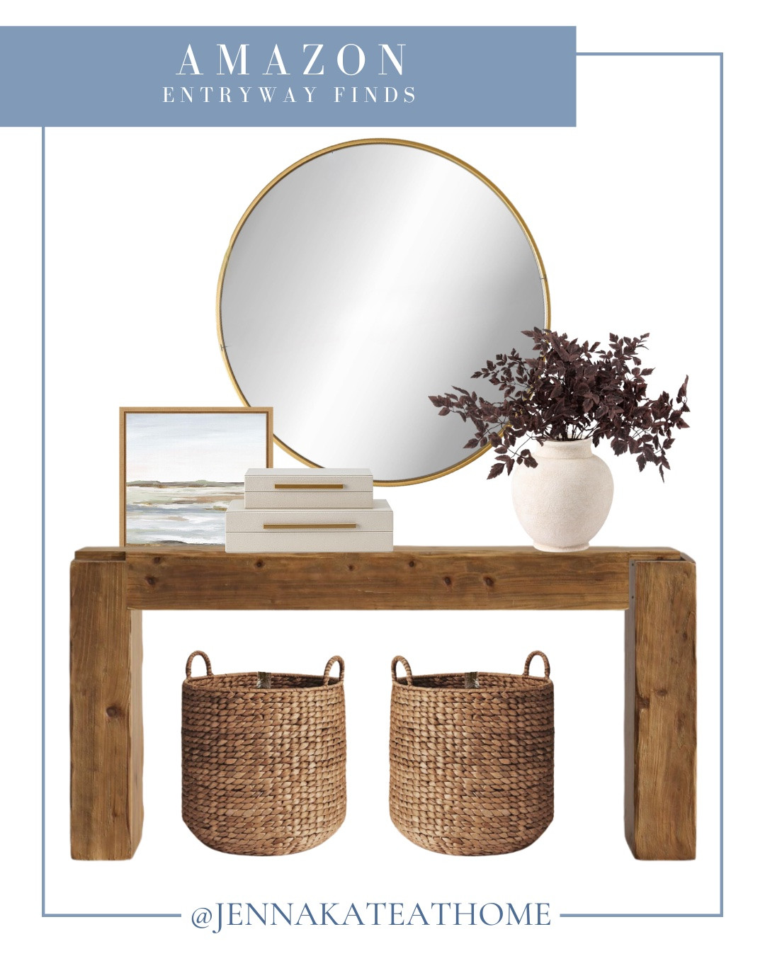 Styled entryway includes mirror, wall art, decorative boxes, vase, and greenery stems, console table, and storage baskets.

Home decor, coastal home, fall decor, looks for less, home accents

#LTKHome #LTKSaleAlert #LTKSeasonal