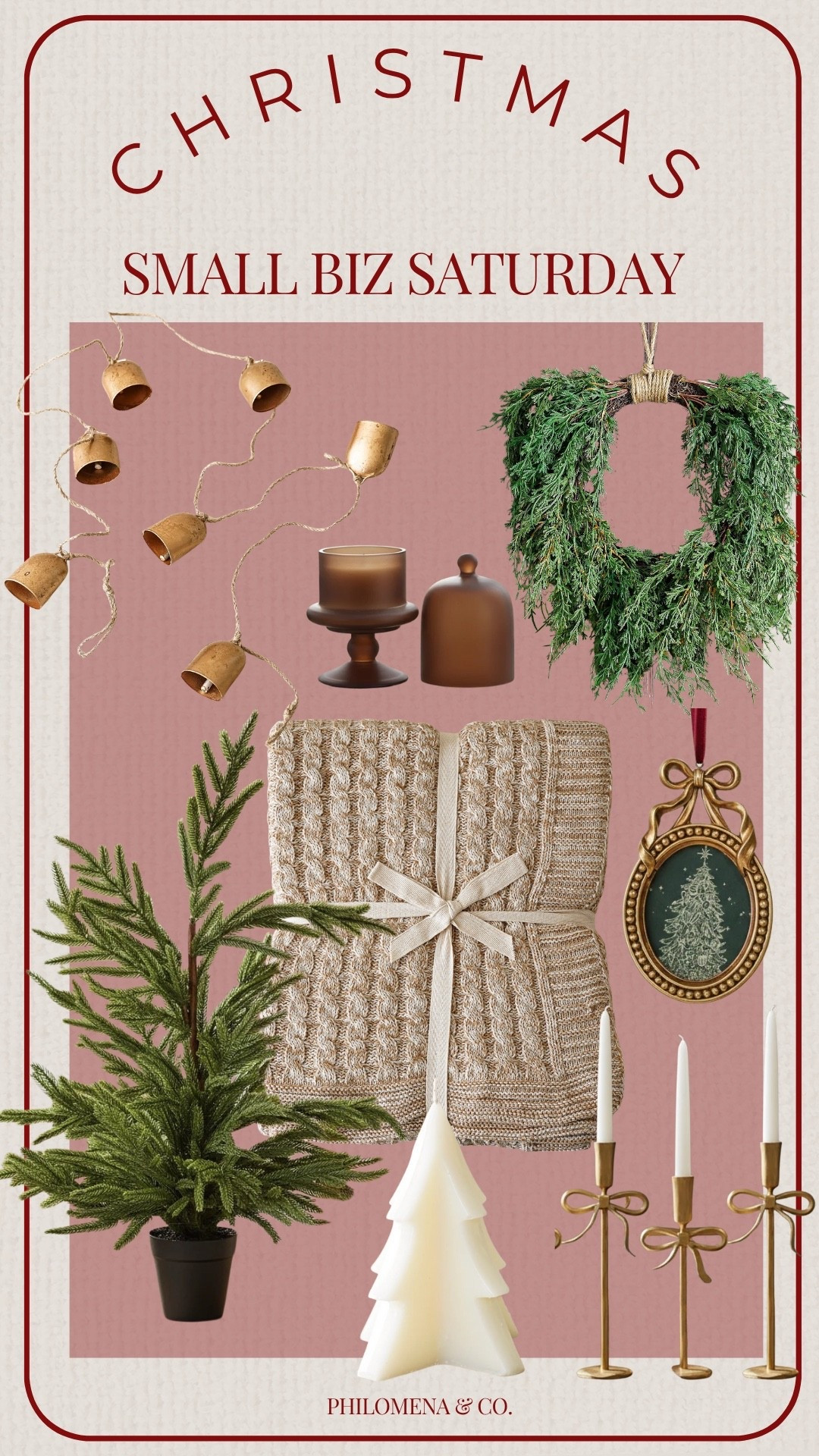 Small business Saturday, Christmas Decor, candle holders, bow decor, bell garland, mini tree, Norfolk tree, small Norfolk tree, Christmas candle, balsam candle, frame ornament, cable knit blanket, antique bells, wreath, MJ home, home decor, Christmas, holiday decor

#LTKHoliday #LTKHome #LTKSeasonal