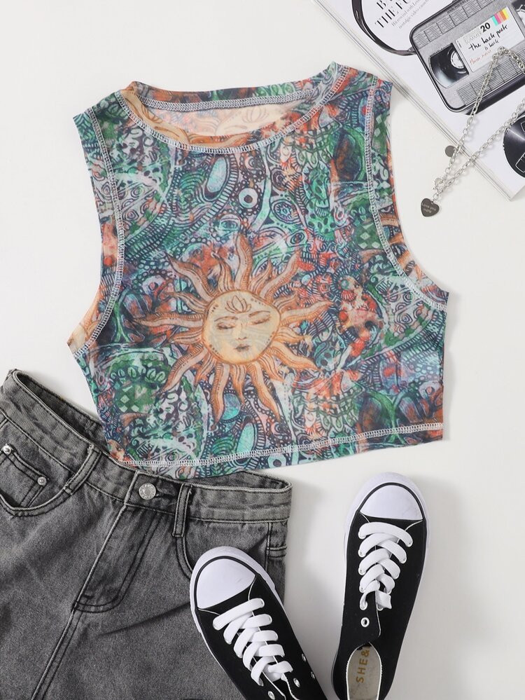 Plus Sun Print Mesh Tank Top | SHEIN