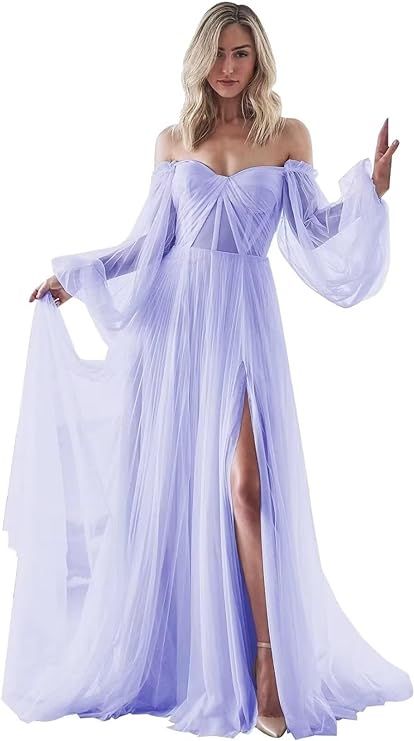 Women's Prom Dresses Long Sleeve 2024 A Line Split Tulle Bride Wedding Dress | Amazon (US)