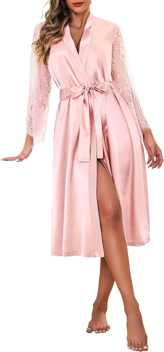 Avidlove Women's Floral Lace Kimono Robe Long Sleeves Dressing Gown Bathrobe Bride Robe Nightwear... | Amazon (US)